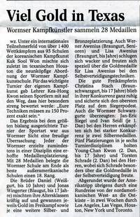 Zeitungsbericht in der Wormser Zeitung über unsere Teilnahme an den Kuk Sool Won Weltmeisterschaften im Oktober 2008